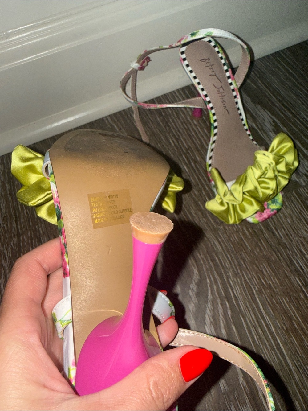 Betsey Johnson Lime Green Ruffle Floral Ankle-Strap Heel with Pink Stiletto - Picture 5 of 5